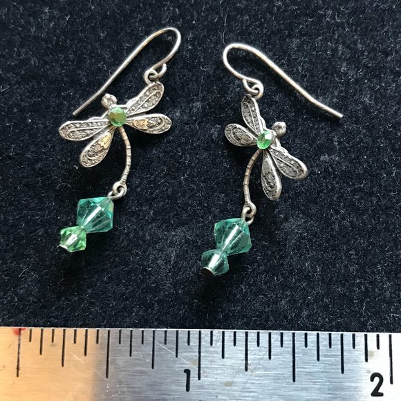 Silver dragonfly earrings, green stone, Swarovski - Picture 2 of 2